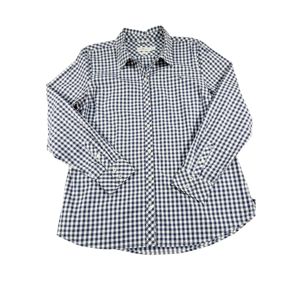Vineyard Vines Chilmark Shirt Womens 14 Navy White Gingham Stretch Cotton
